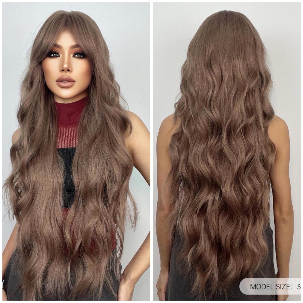 30” Long Curly Brown Wig with Bangs Synthetic Fibre Wigs 30 inch